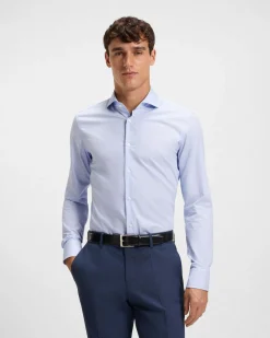 Camicia Spread Boss in twill di puro cotone a righine bianche e azzurre con colletto aperto alla francese