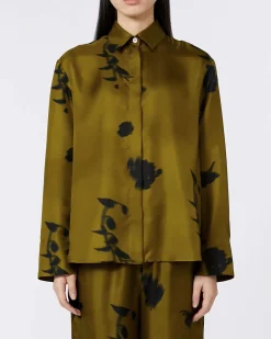 Camicia verde oliva in pura seta a stampa fiori blu MM Max Mara con maniche lunghe