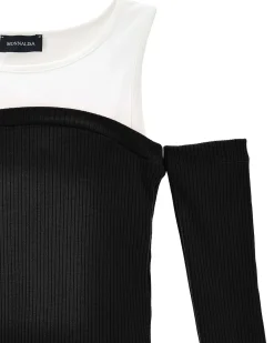 Canotta Monnalisa con manicotti nera e bianca in cotone stretch rifinito a costine