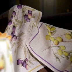 Canovaccio Aida in lino beige con stampa leccino e riquadro viola