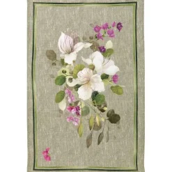 Canovaccio Biscondola in lino verde con stampa fiori bianchi e viola