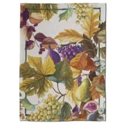 Canovaccio Brisk in lino bianco a fantasia autunnale uva e fichi multicolor