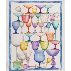 Canovaccio Crystal in lino bianco con stampa bicchieri multicolor e riquadro blu