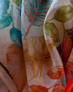 Canovaccio Foliage in lino bianco con stampa fogliame multicolor