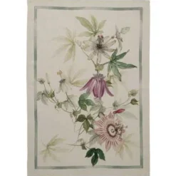 Canovaccio Granadilla in lino bianco con stampa Passiflora e contorno verde