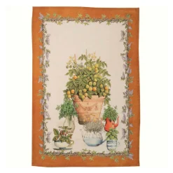 Canovaccio in lino arancione con riquadro avorio e stampa vaso piante aromatiche