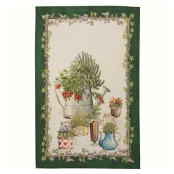Canovaccio in lino arancione con riquadro avorio e stampa annaffiatoio piante aromatiche