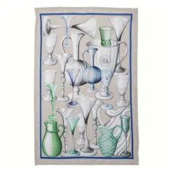 Canovaccio in lino beige a stampa bicchieri Cheers con riquadro blu
