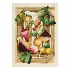 Canovaccio in lino beige a stampa ravanelli rosa e gialli