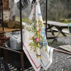 Canovaccio in lino bianco con stampa fiori di carciofo multicolore con riquardo fucsia