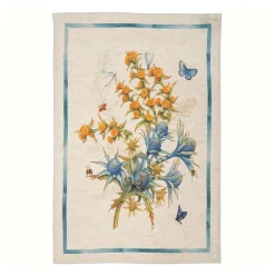Canovaccio in lino bianco con stampa fiori di carciofo multicolore con riquardo blu
