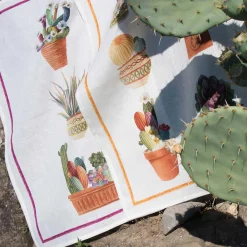 Canovaccio in lino bianco a stampa kactus con riquadro arancione