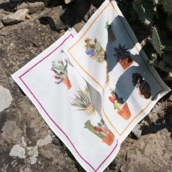 Canovaccio in lino bianco a stampa kactus con riquadro arancione