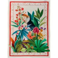 Canovaccio Naif in lino panna con stampa giungla con tucano multicolor
