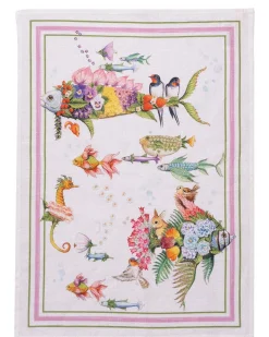 Canovaccio Pesciflora in lino bianco con stampa animali adornati di fiori multicolor e contorno rosa e verde