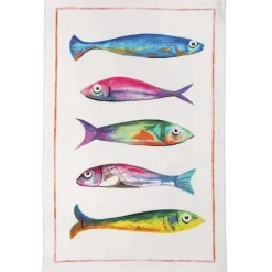 Canovaccio Poisson Blue in lino bianco con stampa pesci multicolor e riquadro rosso