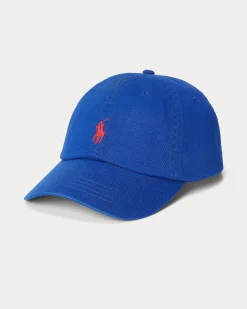 Cappellino blu royal in cotone con logo ricamato sul frontino a contrasto di colore