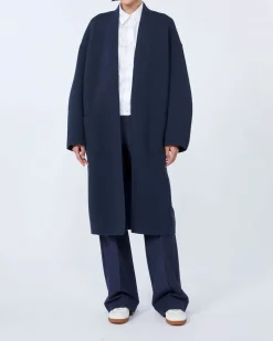 Cappotto blu al ginocchio MM Max Mara in Jersey di double di cotone con scollo a V e cintura in vita