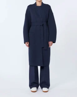 Cappotto blu al ginocchio MM Max Mara in Jersey di double di cotone con scollo a V e cintura in vita