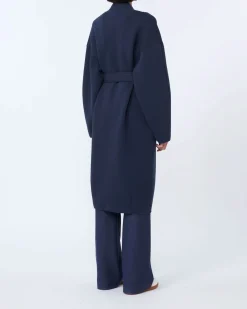 Cappotto blu al ginocchio MM Max Mara in Jersey di double di cotone con scollo a V e cintura in vita