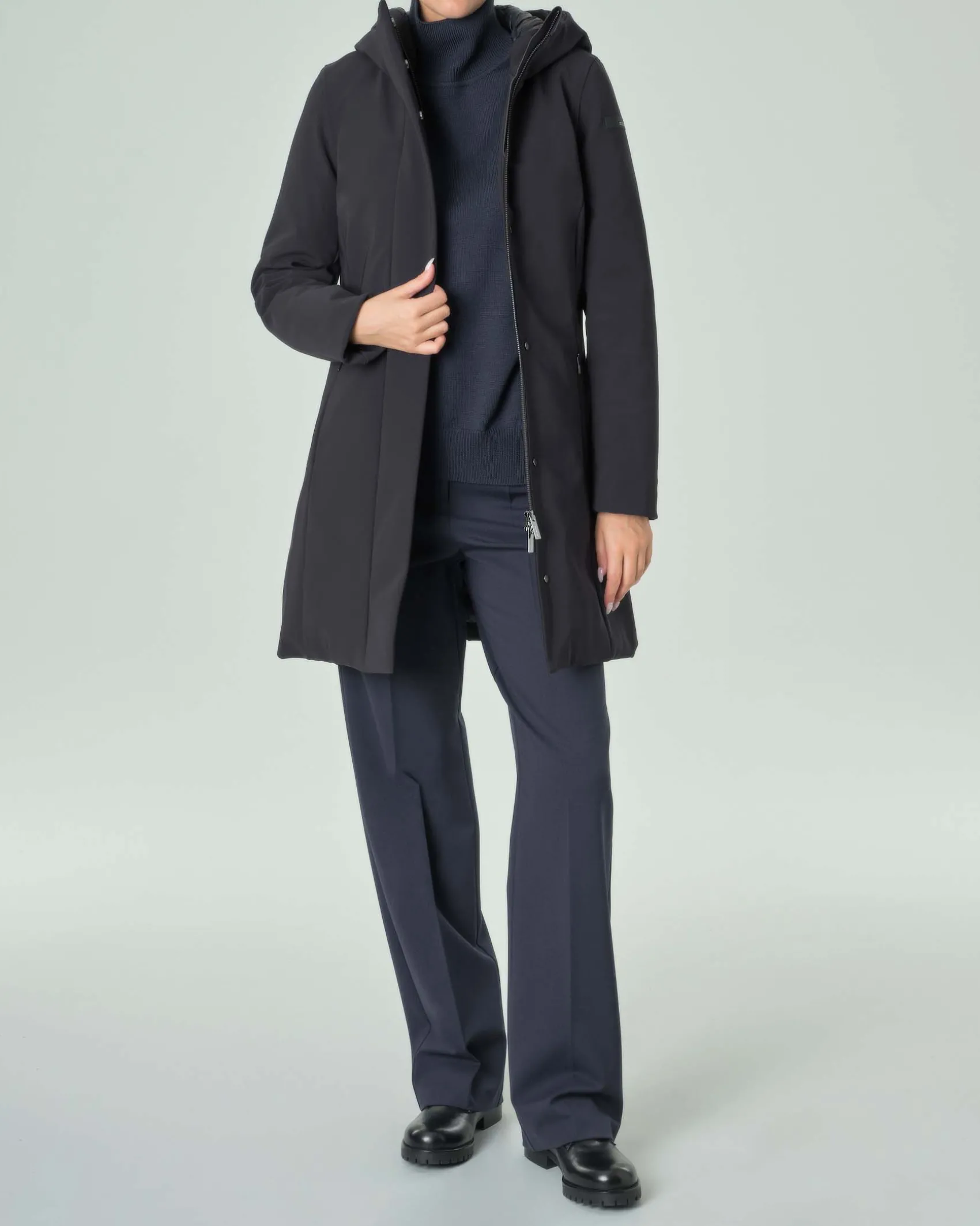 Cappotto blu navy imbottito Long Lady con cappuccio fisso