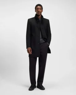 Cappotto Boss Hyde Stand Up nero in panno di lana e cashmere con colletto alto