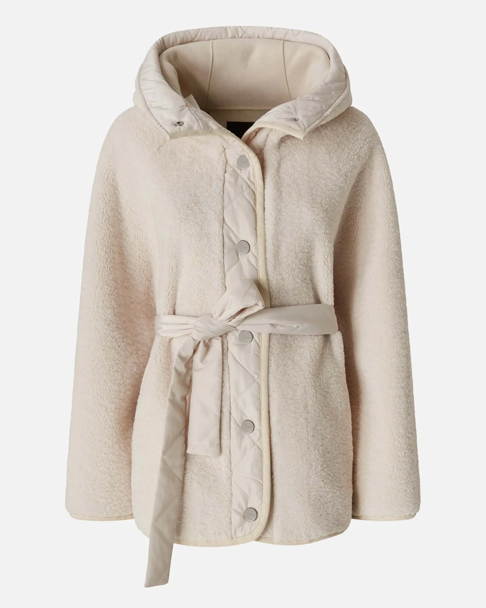 Cappotto color panna Pinko in similpelliccia effetto teddy con cappuccio e profili in tela tecnica abbinata