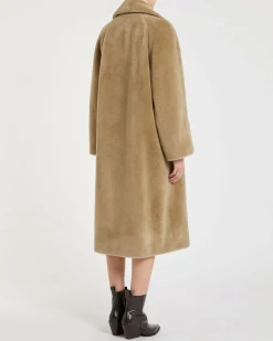 Cappotto doppiopetto color cammello Marella in maglia di lana con effetto furry