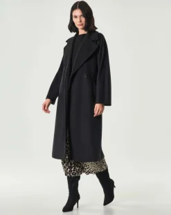 Cappotto doppiopetto nero Emme Marella in panno soft di viscosa con cintura in vita