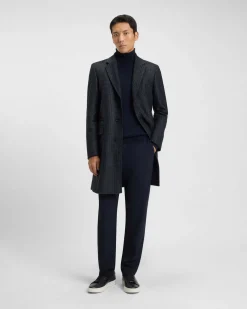 Cappotto Hyde Boss blu in misto lana con motivo pied de poule e davantino in maglia staccabile