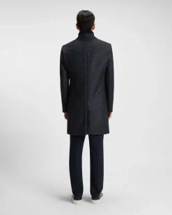 Cappotto Hyde Boss blu in misto lana con motivo pied de poule e davantino in maglia staccabile