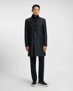 Cappotto Hyde Boss blu in misto lana con motivo pied de poule e davantino in maglia staccabile