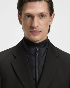 Cappotto Hyde nero slim-fit in panno di misto lana con davantino staccabile