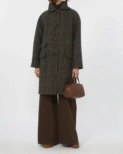 Cappotto in tweed di pura lana Weekend Max Mara a fantasia check marrone e noce con colletto a camicia