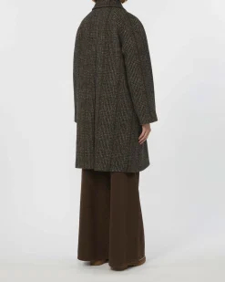 Cappotto in tweed di pura lana Weekend Max Mara a fantasia check marrone e noce con colletto a camicia
