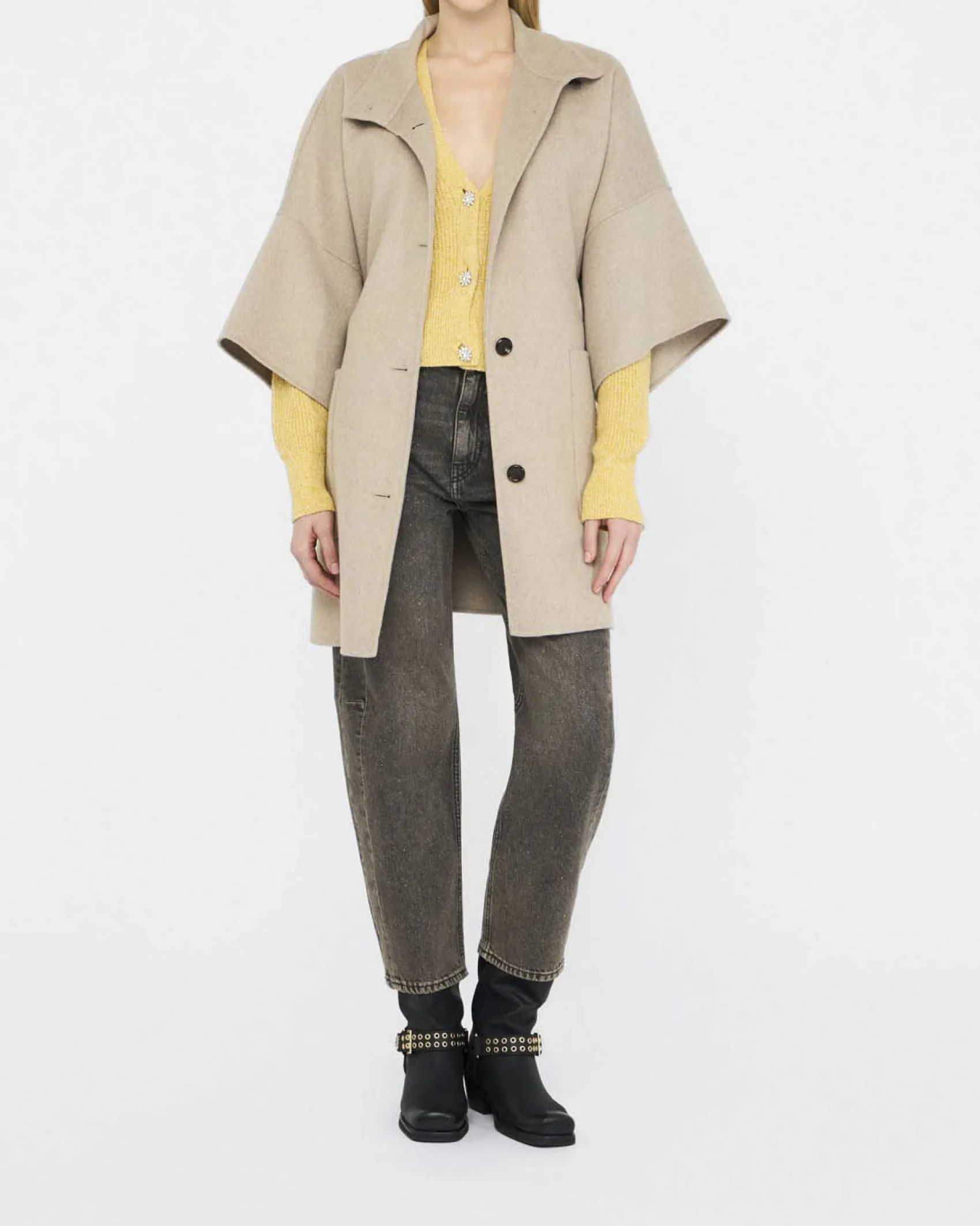 Cappotto Liu Jo beige in misto lana con maniche a kimono e colletto in piedi