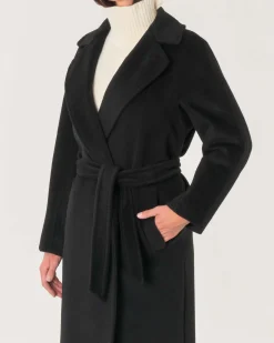 Cappotto lungo a vestaglia nero in lana mohair e alpaca con rever ampio