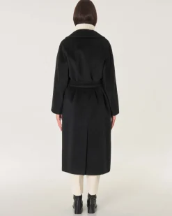 Cappotto lungo a vestaglia nero in lana mohair e alpaca con rever ampio