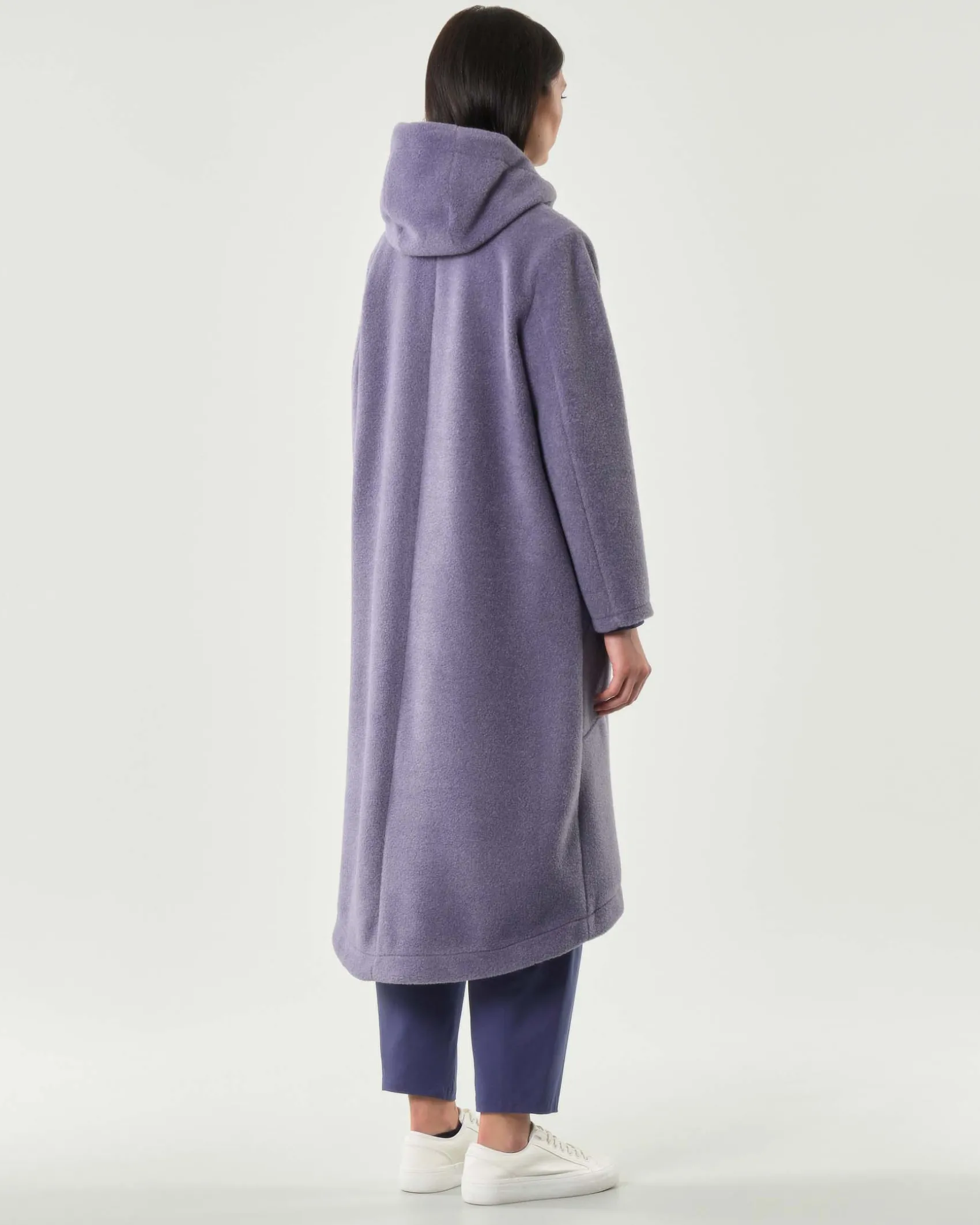 Cappotto lungo color malva Jurerê effetto lana cotta con cappuccio e fondo sul retro più lungo