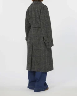 Cappotto lungo in tweed di misto lana Weekend Max Mara a fantasia principe di Galles con cintura in vita