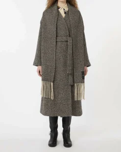 Cappotto lungo Weekend Max Mara in tweed di lana con disegno chevron beige e nero con scollo a V e cintura
