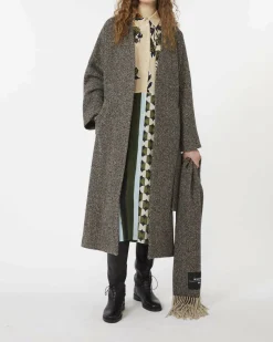 Cappotto lungo Weekend Max Mara in tweed di lana con disegno chevron beige e nero con scollo a V e cintura