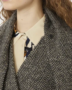 Cappotto lungo Weekend Max Mara in tweed di lana con disegno chevron beige e nero con scollo a V e cintura