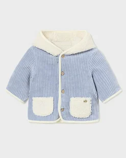 Cappotto Mayoral azzurro in velluto a costine reversibile in tessuto teddy bianco con cappuccio