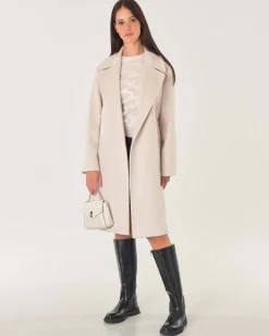 Cappotto midi a vestaglia color cacha in drap di pura lana con rever ampio