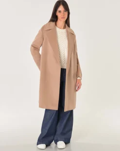 Cappotto midi a vestaglia color cammello in drap di pura lana con rever ampio