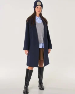 Cappotto midi a vestaglia blu in drap di pura lana con rever ampio