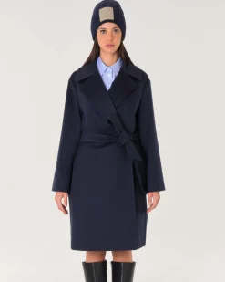 Cappotto midi a vestaglia blu in drap di pura lana con rever ampio