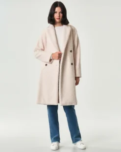 Cappotto midi doppiopetto color burro Emme Marella in tessuto in jersey bouclé
