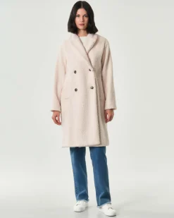 Cappotto midi doppiopetto color burro Emme Marella in tessuto in jersey bouclé